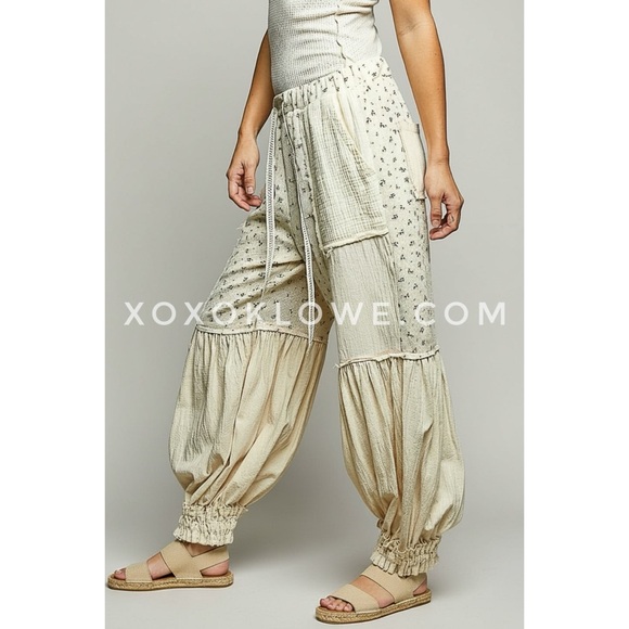POL Natural Cream Convertible Joggers to Bloomers | Floral Patchwork Pants - Picture 4 of 10